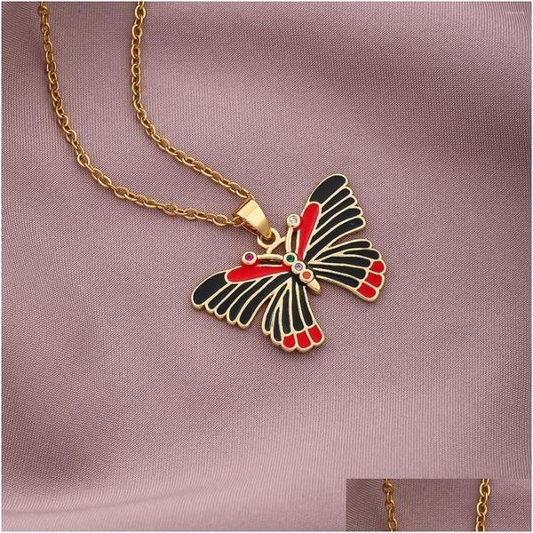 Collares colgantes Verano Mujeres Tamaño adecuado Vintage Insecto Cobre Negro Rojo Colores Moissanite Mariposa Amante Kawaii Delicado Lujo D Dhfk7