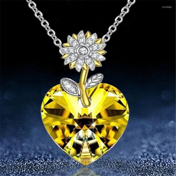 Pendentif colliers été jaune en forme de coeur tournesol fleur plante collier couleur argent clavicule chaîne élégant femmes bijoux