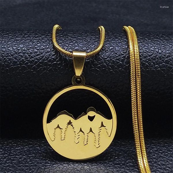 Collares pendientes Sol Árbol Bosque Montaña Paisaje 2 capas Collar Acero inoxidable Paisaje natural Camping Joyería N6024S06