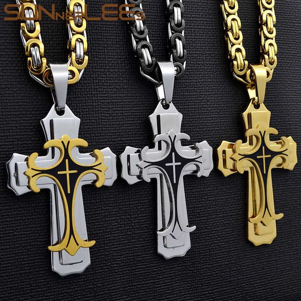 Pendentif Colliers SUNNERLEES Acier Inoxydable Jésus Christ Croix Pendentif Collier Chaîne À Maillons Byzantins Couleur Argent Plaqué Or Hommes Garçon Cadeau SP208 G230206