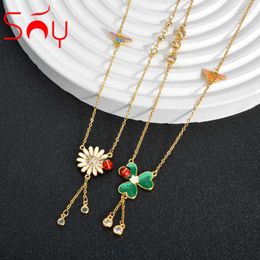 Collar colgantes Joyas soleadas Collar colgante de esmalte Daisy Ladybug Clover Planta de insectos Tassels Lucky Chail Chain Accesorios de moda 240410