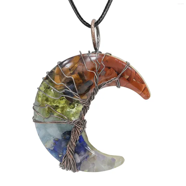 Pendentif Colliers SUNYIK Cristal Naturel Pierre Gravier Résine Coulée Lune Fil De Cuivre Wrap À L'arbre Reiki Guérison Bijoux Antiques