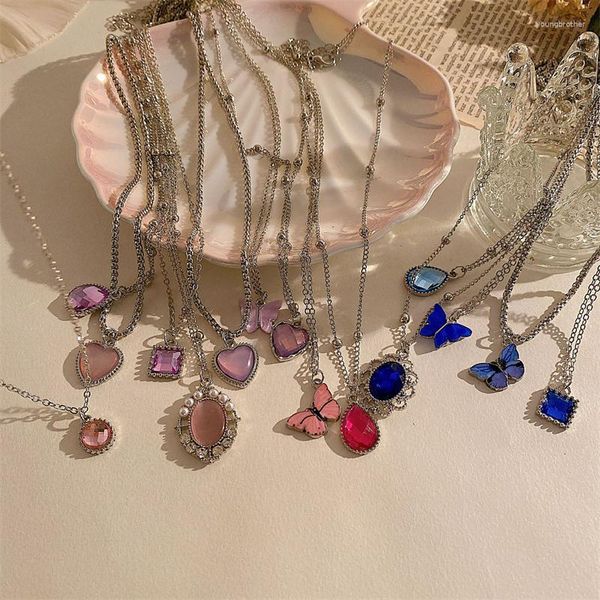 Collares con colgante Super Fairy, collar creativo con gemas, conjunto de mariposa con forma de corazón rosa dulce para mujeres y niñas, joyería para fiesta y boda