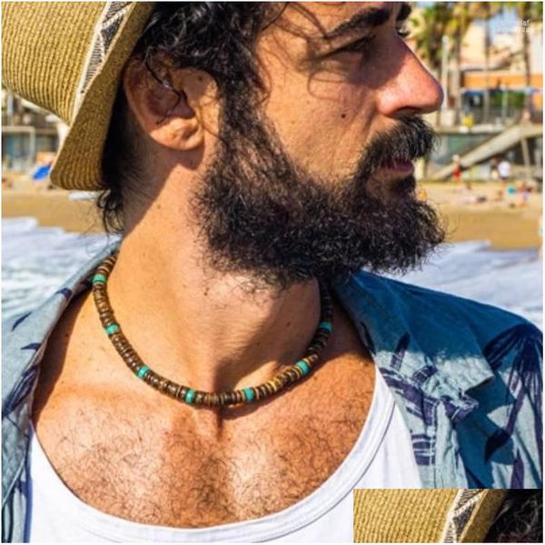 Colliers Pendentif Surfer Mens Choker Collier Noix De Coco Et Turquoise Boho Pour Hommes Chunky Africain Tribal En Bois Elle22 Drop Deli Dhpl2