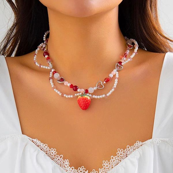 Collares colgantes imitación dulce perla fresa collar de gargantilla para mujeres de moda coreana amor corazón de clavícula con cuentas y2k joyas