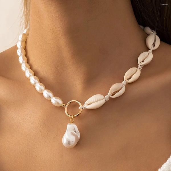 Collares colgantes dulce irregular imitación perla collar de clavícula para mujeres 2023 simple concha blanca tejido cumpleaños niña joyería regalo