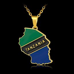 Colliers pendentifs Tanzanie pays carte et drapeau collier pour hommes/femmes couleur or cartes tanzaniennes bijoux ethniques cadeau patriotique