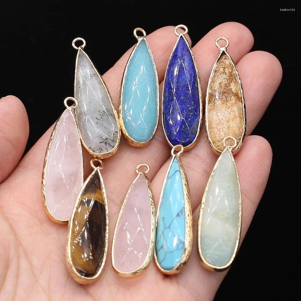 Pendentif Colliers Teardrop 12x42mm Pierre naturelle Rose Quartz Tiger Eye Lapis Lazuli Charms pour la fabrication de bijoux DIY Collier Boucles d'oreilles