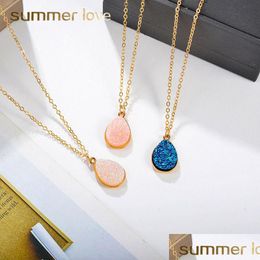 Collares pendientes Lágrima Resina Piedra Cristal Druzy Colgante Collar Para Mujer Chapado en oro Blanco Rosa Azul Joyería de moda Gota Del Dhyae