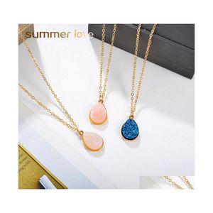 Collares colgantes Lágrima Resina Piedra Cristal Druzy Collar para mujeres Chapado en oro Blanco Rosa Azul Joyería de moda Entrega de gota PE DHXUF