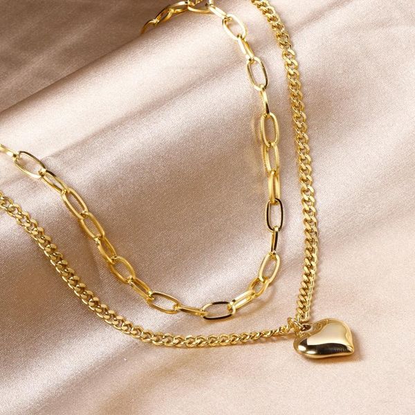 Pendentif Colliers Chaînes à maillons épais avec mignon coeur cubique forme mode Egilrs bijoux couleur or deux couches accessoires