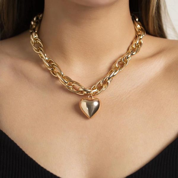 Pendentif Colliers épais en forme de O chaîne en métal creux minimaliste hip-hop coeur collier femmes mode personnalité bijoux