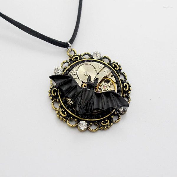 Collares pendientes Tridimensional Black Bat Gear Core Stone Tallado Patrón Cuerda Cadena Collar Hecho a mano Estilo Steampunk Hombres Mujeres Joyería