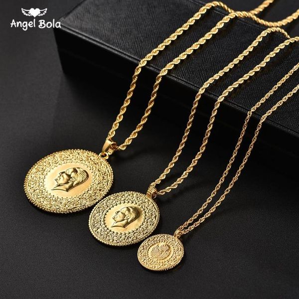 Collares colgantes de tres tamaños musulmanes Islam Turquía Ataturk árabe para mujeres Color oro monedas turcas joyería regalos étnicos 303h