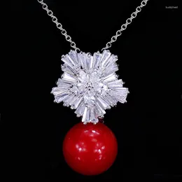 Collares colgantes ThreeGraces elegante Cubic Zirconia copo de nieve con collar de gota de perla roja para mujeres regalo de joyería de fiesta de moda PN038