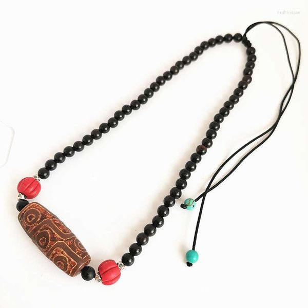 Pendentif Colliers Tibet Dzi Amulette Collier Big Nine Eye Perle avec perles de bois de santal noir Chaîne réglable pour homme BRO568