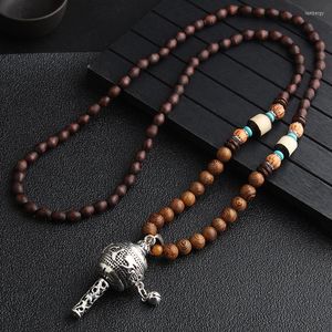 Pendentif Colliers Tibet Roue De Prière Charmes Collier Bouddhiste Mala Bois Perles Vintage Mantra Long Chandail