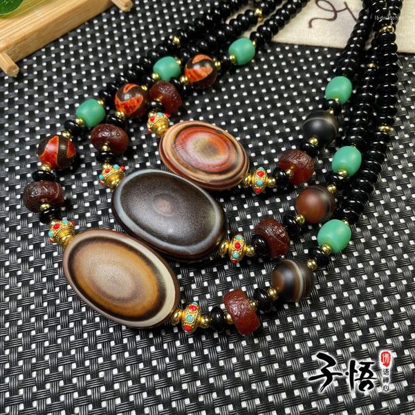 Collares colgantes de estilo tibetano, ágata antigua, ojo de oveja, cuentas Dzi, cadena de clavícula, moda para hombres y mujeres, collar envuelto en seda