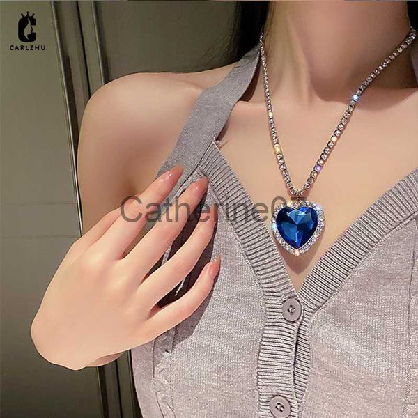 Pendentif Colliers Titanic Coeur De L'océan Bleu Cristal Amour Coeur Pendentif Collier pour Femmes Plein Strass Chaîne Collier Amant Pour Toujours Bijoux J230809