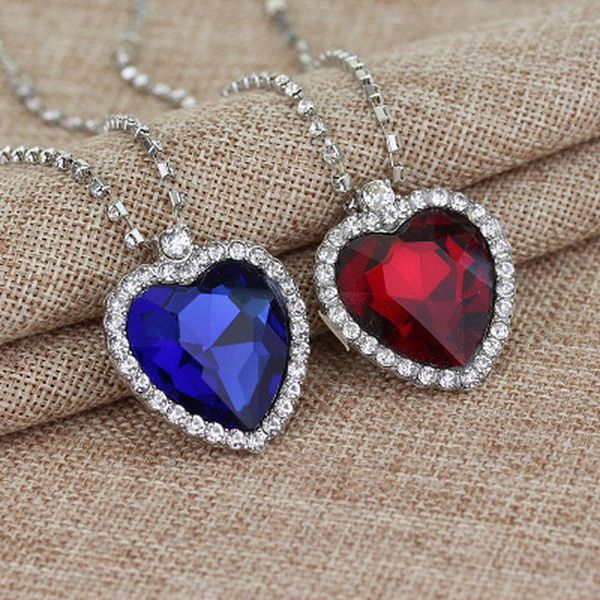 Pendentif Colliers Titanic Coeur De L'océan Pour Les Femmes Bleu Rouge Romantique CZ Chaîne De Mode Bijoux De Mariage