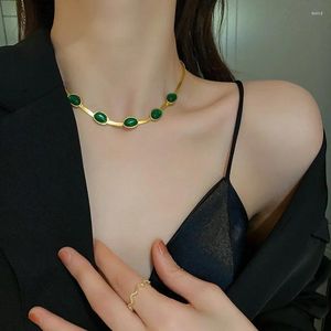 Hanger Kettingen Titanium Staal Mode Fijne Sieraden Lassen Ovale Groene Zirkoon Charme Dikke Ketting Choker Armbanden Voor Vrouwen