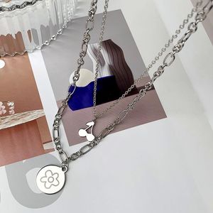 Colliers pendentif collier en acier titane pour femmes fleur de cerisier Double chaîne empilable Hiphop bijoux de mode corée
