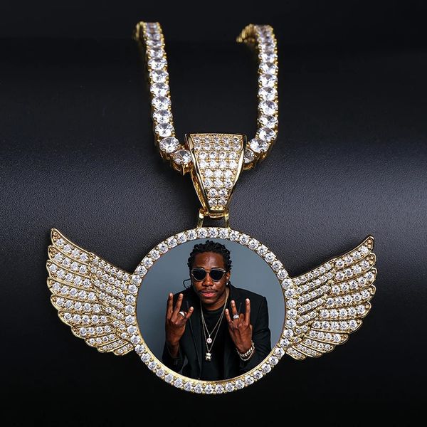 Pendentif Colliers TOP Gold Custom Made Po avec ailes Médaillons Collier 4mm Tennis Chaîne Cubique Zircon Hommes Hip hop Bijoux 231123