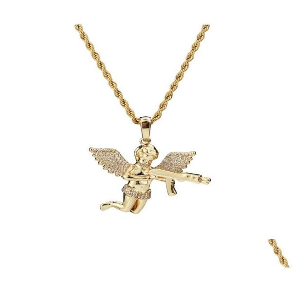 Collares colgantes Joyería de calidad superior Zircon Gold Sier Cute Angel Baby Carry Gun Stuff Collar colgante Cadena de cuerda para hombres Mujeres655511 Dhym9