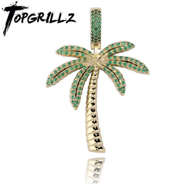 Pendentif Colliers TOPGRILLZ Cocotier Glacé Cubique Zircon Pendentif Collier Or Argent Couleur Plaqué Hip Hop Hommes Bijoux T230413