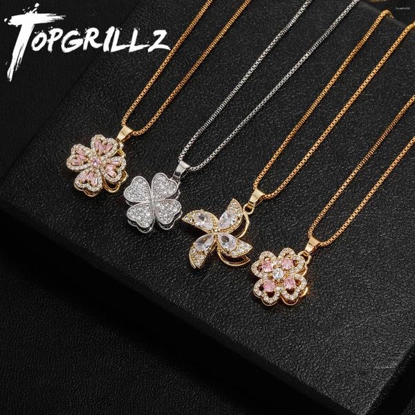 Collares colgantes TOPGRILLZ Moda Molino de viento giratorio Diseño de trébol de cuatro hojas Iced Out Cubic Zirconia Colgante Collar Accesorios de joyería