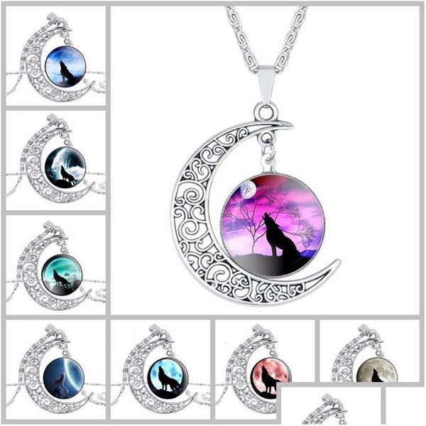 Pendentif Colliers Totem Loup Verre Cabochon Lune Temps Collier De Pierres Précieuses Chaînes Sier Modèles Animaux Bijoux De Mode Pour Femmes Cadeaux Drop Dhcpg