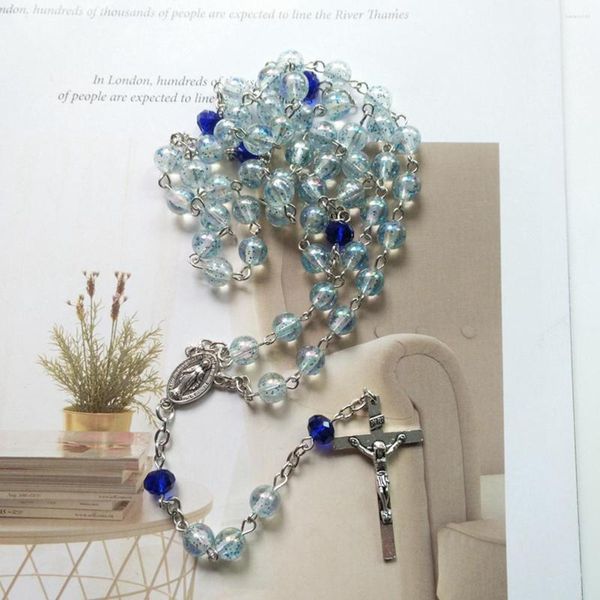 Pendentif Colliers Transparent Bleu Chapelet Perles Collier Christ Croix Notre Dame De La Vierge Marie Femmes Religieux Catholique Bijoux