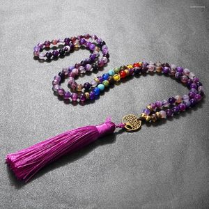 Colliers pendants Arbre de vie 108 Collier de perles Reiki 7 Chakra Agates violet pierre nou￩e pour femmes hommes Lucky Yoga Tassel Bijoux Gift
