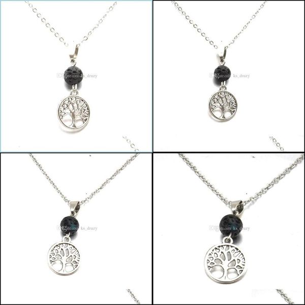 Collares colgantes Árbol de la vida Encantos Aromaterapia Aceite esencial Difusor Collar Negro Lava Roca Piedra Grano Volcán Collares Stai DHWLJ