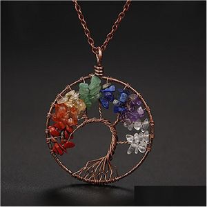 Colliers pendentif arbre de vie pierre naturelle pendentif collier fil de Bronze Agate améthyste Turquoise perles colliers pour femmes enfants Dhfdm