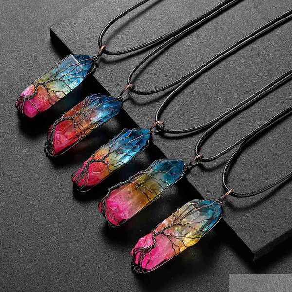 Collares pendientes Árbol de la vida Recubierto de titanio Rainbow Rock Cuarzo Chakra Collar de cristal Alambre de cobre envuelto Irregar Curación en bruto Dhc9A