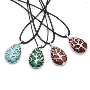 Collares colgantes Árbol de la vida Gotas de agua Metal Hombres Correa de cuero Collar Natural Cuarzo claro Ojo de tigre Ágata negra Ópalo Chakra Joyería