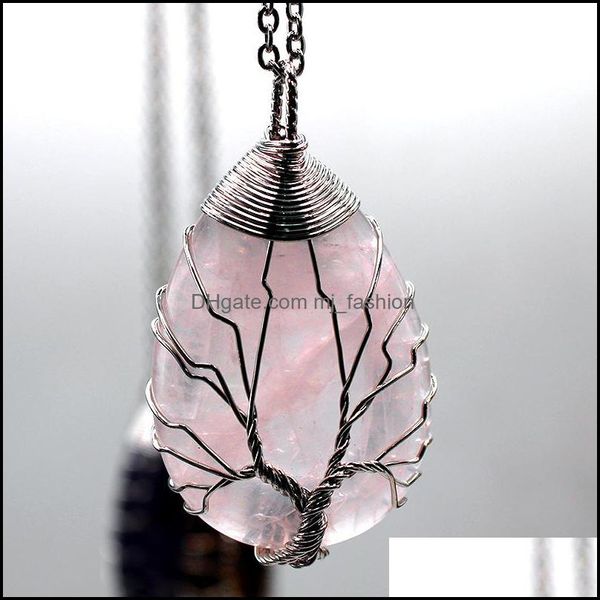 Pendentif Colliers Arbre de vie goutte d'eau pierre naturelle cristal collier Rose Quartz Chakras larme pendentif pour Gi Dhseller2010 Dhj08