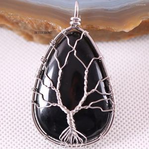 Pendentif Colliers Arbre de vie Fil Wrap Alliage de zinc Pierre naturelle Goutte d'eau Noir Onyx 1pcs K149