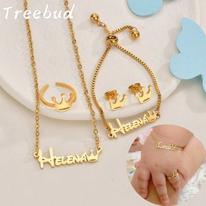 Collares pendientes Treebud Custom Baby Name Jewelry Set Acero inoxidable Collar personalizado Anillo Pulsera Pendiente Niños Regalos 230703