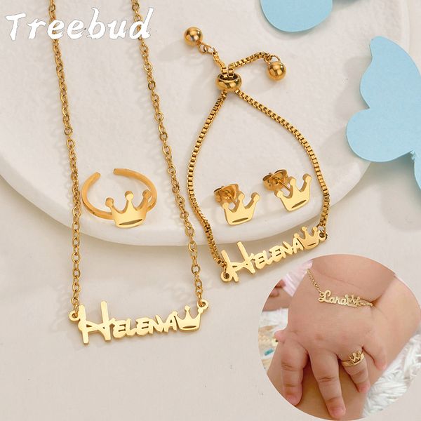 Collares pendientes Treebud Custom Baby Name Jewelry Set Acero inoxidable Collar personalizado Anillo Pulsera Pendiente Niños Regalos 230703