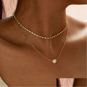 Pendentif Colliers Tendance Mode Perle Couker 14K Or Jaune Mignon Double Couche Chaîne Pour Femmes Bijoux Fille Cadeau En Gros Drop Deli Dhefk