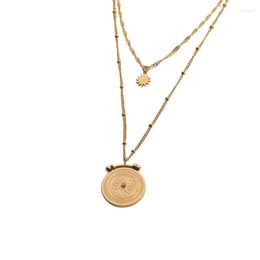 Pendentif Colliers Tendance Français De Luxe En Acier Inoxydable 316L Collier Double Couche Rome Ronde Carte Rétro Étoile Pour FemmesPendentif