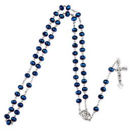 Hanger kettingen trendy 6x8 mm donkere diepblauw kristallen kralen rozenkrans katholieke ketting met heilige bodem medaille kruisbeeld gebed religieus kruis je