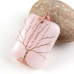 Pendentif Colliers Perles à la mode Couleur Or Rose Naturel Rose Quartz Arbre Vie Fil Enroulement Carré Bijoux Uniques
