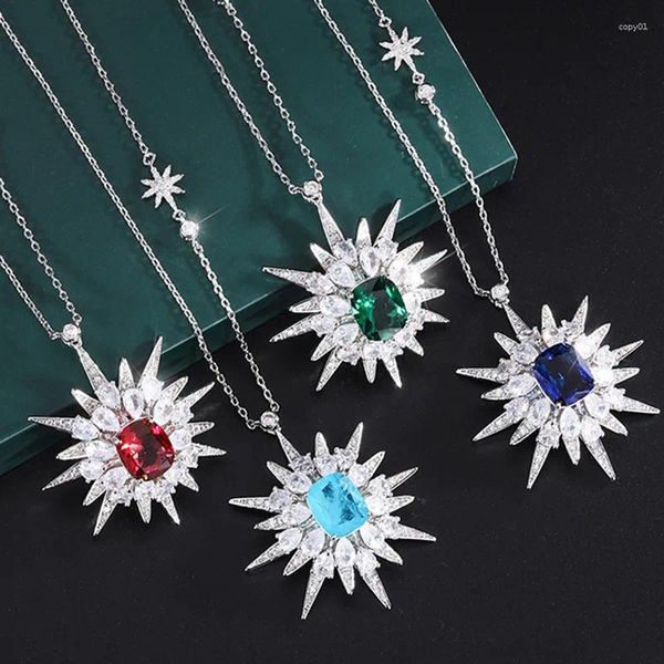 Pendentif Colliers Tendance Mode Fleur Irrégulière Pendentif Collier Brillant Rouge Bleu Cubique Zircon Femmes Cou Bijoux