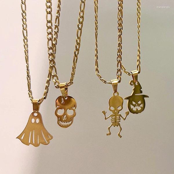 Collares colgantes Moda Halloween Calabaza Cabeza Bruja Sombrero Chica Collar Acero inoxidable Cráneo Esqueleto Fantasma Mujer Cadena Joyería de moda