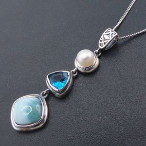 Hanger Kettingen Trendy Natuurlijke Larimar 925 Sterling Zilver Antiek Ontwerp Blauwe Topaas Echte Stenen Parel Bedel voor Vrouwen Geschenk Ketting 230625