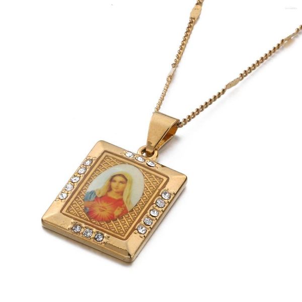 Pendentif Colliers À La Mode Rétro Rectangulaire Strass Vierge Marie Image Collier Religion Bijoux Pour Femmes Hommes Crucifix Chaîne