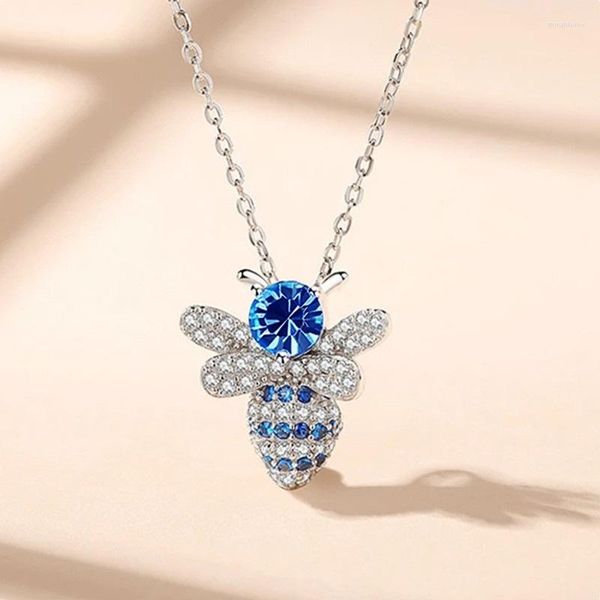 Pendentif Colliers Tendance Argent Plaqué Petite Abeille Pour Femmes Mer Bleu CZ Pierre Incrustation Créative Mode Bijoux Cadeaux De Fête